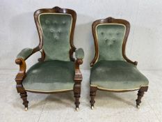 His and Hers, Victorian upholstered button back armchairs, on original castors, with carved
