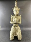 Oriental Wooden carved statue of a Thai retainer with a white crackle finish approximately 82cm