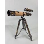 Table Telescope, Antique style double telescope on table tripod, patinated brass finish