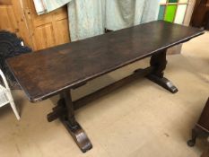 Antique oak single plank refectory table on twin supports with cross stretcher approx: 66cm x 204cm