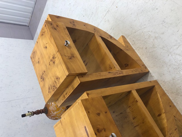 Art Decco style quarter moon side cupboards of burr wood finish comprising of a draw an shelf both - Image 8 of 8