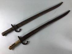 Military Interest, 2 X WW1 French Chassepot Bayonets , brass ribbed hilts with recurved blades in