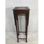 Tall hard wood Chinese plant stand with carved detailing and marble insert, approx 37cm x 37cm x