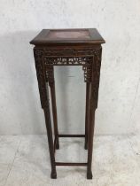 Tall hard wood Chinese plant stand with carved detailing and marble insert, approx 37cm x 37cm x