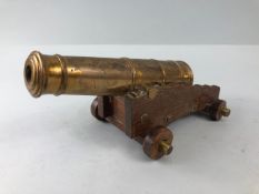 Militaria interest, vintage model of a ships cannon, brass barrel engraved ER with a crown, open