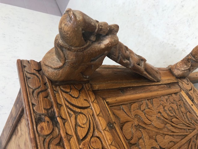 Carved Indian dowry chest on splayed legs with floral carvings and horse and princess carvings, door - Image 17 of 28