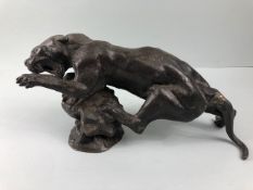 Antique European Sculpted spelter figure of Lioness approximately 31cm in length