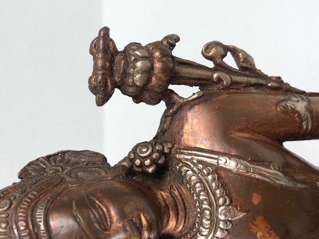 Oriental interest, Two colour metal Tibetan statue of the Green Tara, base still sealed, possibly - Image 10 of 11