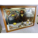 Retro mirror with printed depiction of the world in wooden frame approximately 89 x 64 cm