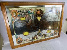Retro mirror with printed depiction of the world in wooden frame approximately 89 x 64 cm