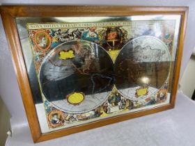 Retro mirror with printed depiction of the world in wooden frame approximately 89 x 64 cm