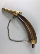 Military interest, 19th Century artillery Gunners Powder Horn, Brass mounted Cow horn with Boxwood
