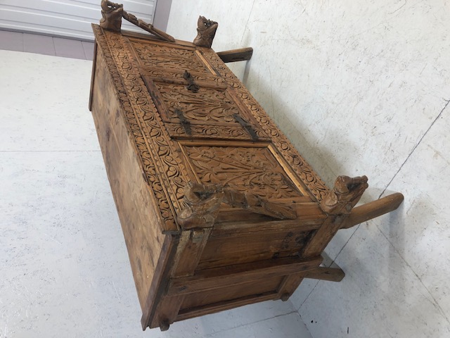 Carved Indian dowry chest on splayed legs with floral carvings and horse and princess carvings, door - Image 2 of 28