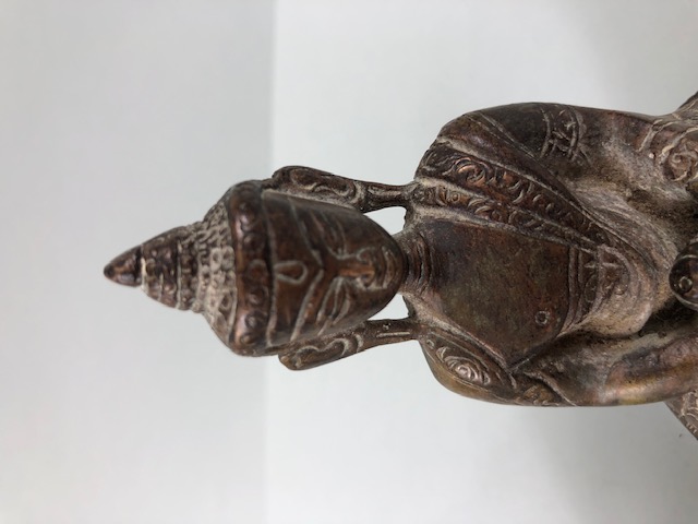 oriental interest , two patinated Tibetan brass Buddha statues the bases still containing casting - Image 3 of 6