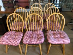 Furniture, set of 8 modern light wood Windsor spindle back dining chairs with red check material