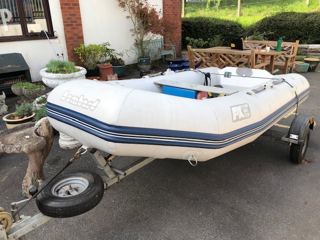 Bombard Ridged Inflatable RIB boat model AX 5001 approx 10ft long on road trailer with winch and