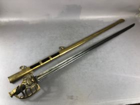 Swords, French Napoleonic style sword, double fullered blade with brass half shell hilt, leather