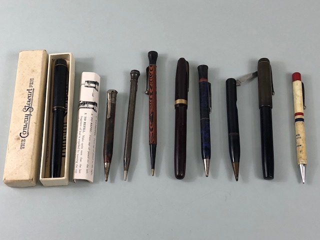 Collection of vintage pens, fountain pens and pencils, makers Waterman, Conway Stewart and a 1937