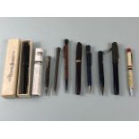 Collection of vintage pens, fountain pens and pencils, makers Waterman, Conway Stewart and a 1937