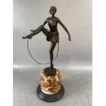 Bronzed metal Art Decco style Figure of a Semi Naked woman with a Gymnastic Hoop on a Marble Base
