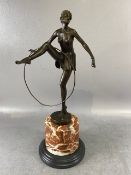 Bronzed metal Art Decco style Figure of a Semi Naked woman with a Gymnastic Hoop on a Marble Base