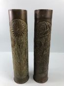 militaria interest, WW1 trench art, a pair of brass artillery shells made in to a vases , with
