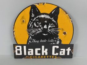 Enamel advertising sign depicting a Black Cat and Black cat Cigarettes approximately 28 x 31 cm