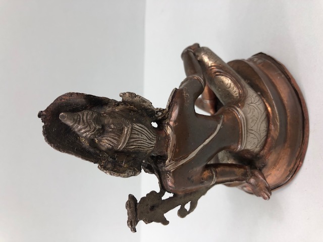 Oriental interest, Two colour metal Tibetan statue of the Green Tara, base still sealed, possibly - Image 3 of 11