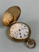 Antique watch, Waltham Gold plated full hunter pocket Watch, Roman Numerals, dial marked Waltham