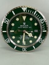 Advertising clock, Round Quartz Wall clock in the style of a Green Rolex Submariner approximately