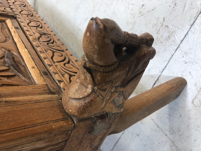 Carved Indian dowry chest on splayed legs with floral carvings and horse and princess carvings, door - Image 10 of 28