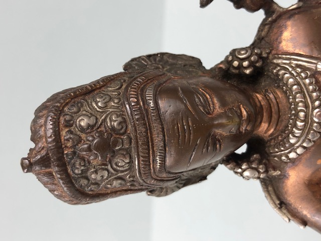 Oriental interest, Two colour metal Tibetan statue of the Green Tara, base still sealed, possibly - Image 9 of 11