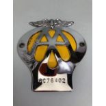 Vintage yellow backed AA motorcar badge