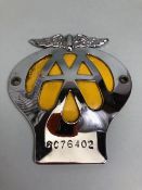 Vintage yellow backed AA motorcar badge