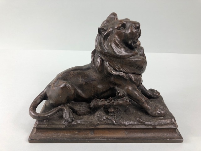 Antique Metal ink and pen stand fashioned as a Lion , the lifted head revealing ink pot, - Image 3 of 8