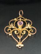 9ct Gold Brooch set with seed pearls and a light purple Amethyst approx 37 x 30mm & 2.8g