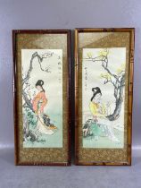 Oriental interest, a pair of signed Chinese paintings on silk of courtesans in a garden in bamboo