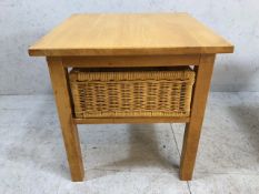 Pine table with integrated wicker basket approx 50cm x 50cm x 52cm