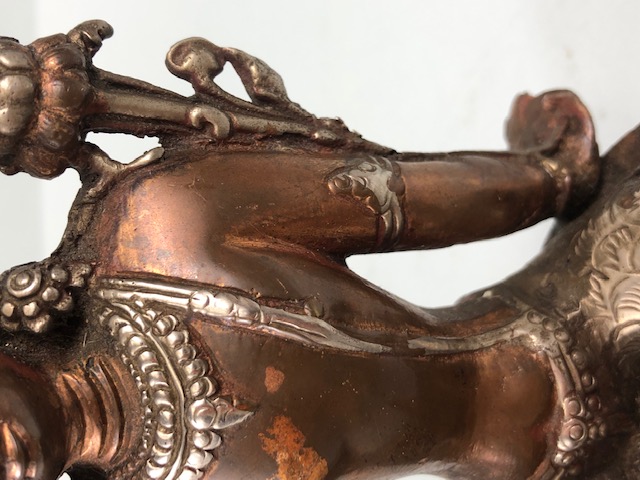 Oriental interest, Two colour metal Tibetan statue of the Green Tara, base still sealed, possibly - Image 11 of 11