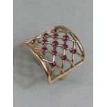 9ct yellow gold basket mesh ring set with 13 rubies, size S approximately 3.65g inclusive