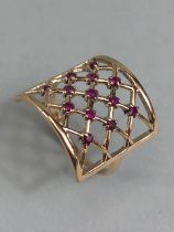 9ct yellow gold basket mesh ring set with 13 rubies, size S approximately 3.65g inclusive