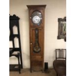French Longcase clock European light oak case with enamelled dial roman numerals with ornate
