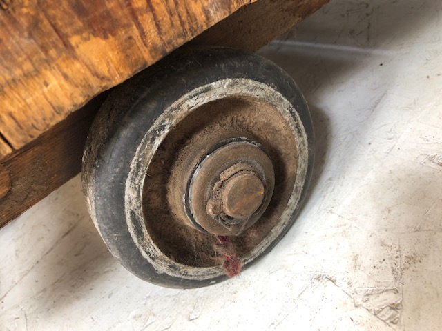 Antique factory trolly, industrial wooden porter trolly designed to take removable trays, thick pine - Image 12 of 13