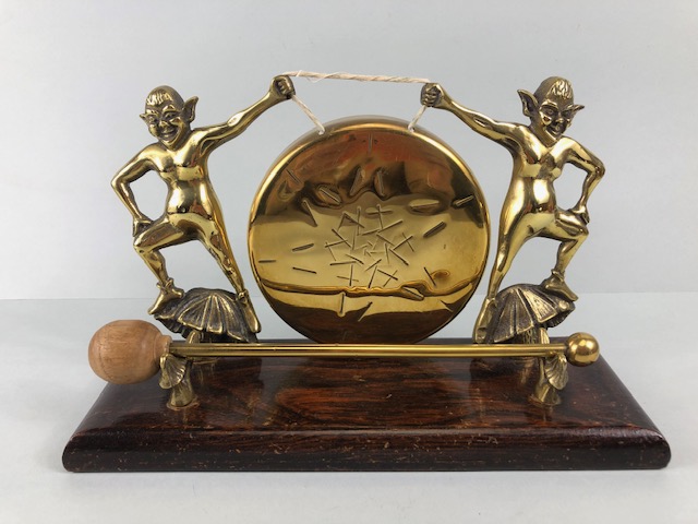 Brass Dinner Gong supported by Pixies standing on toadstools with a wooden and brass gong