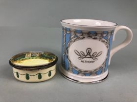 Althorp enamel box and commemorative mug, both in original box, inscribed 'the very essence of