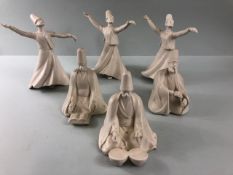 Turkish Art, a collection of pottery Sofi figures to include 3 dancers ,drummer, reader, pipe player