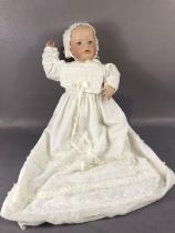 Dolls, Franklin Heirloom Doll , life size 1986 Victorian bisque Christening baby doll with stand