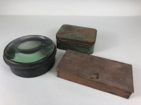 Antique Scientific interest, a large Magnifying lens , a boxed set of traveling gold scales and a