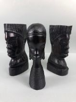 African sculptures, 2 hard wood African busts of a male and one of a female with elongated neck ,