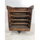 Antique factory trolly, industrial wooden porter trolly designed to take removable trays, thick pine
